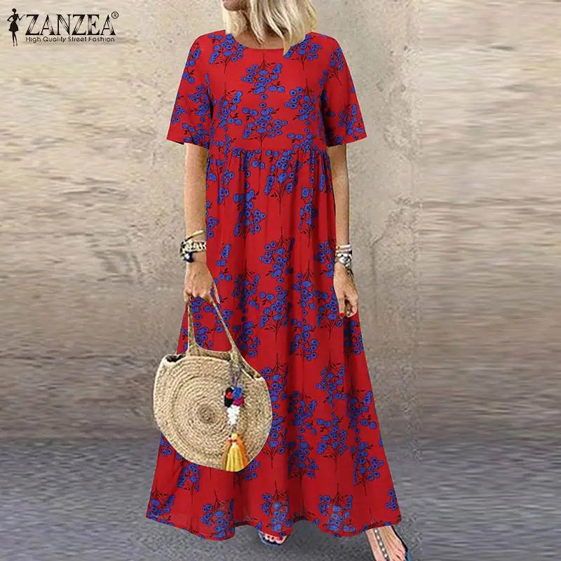 Bohemian Floral Sundress O Neck Short Sleeve Midi Dress