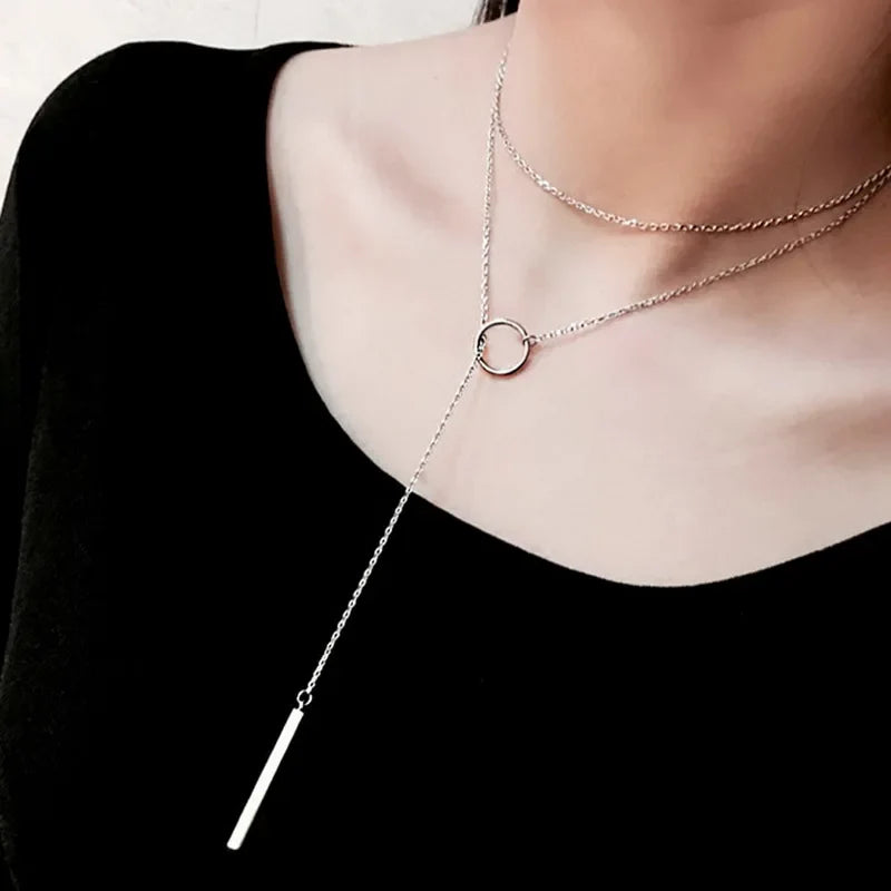 Vintage Silver Color Long Chain Pendant Choker Necklace with Circle Strip Design