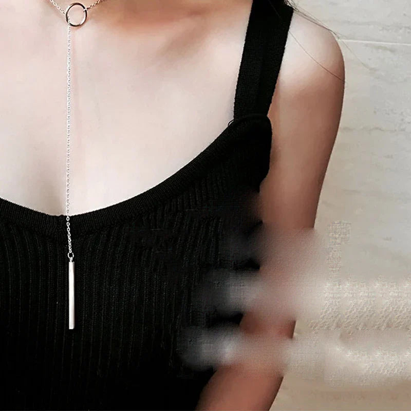 Vintage Silver Color Long Chain Pendant Choker Necklace with Circle Strip Design