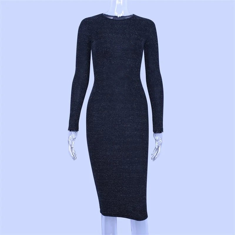 Shiny Long Sleeve High Waist Bodycon Midi Dress Party