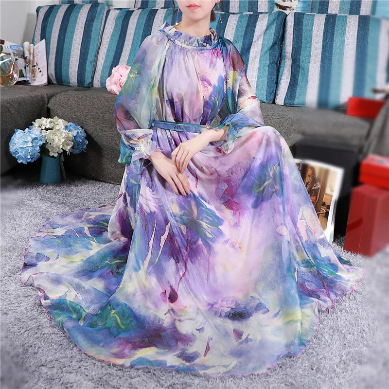 Plus Size Boho Maxi Dress Floral Chiffon Long Sleeve