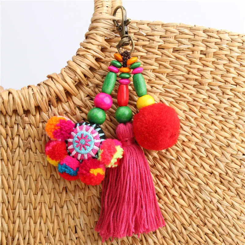 Colorful Flower Charms Keychain with Wooden Beads and Pompom Boho Jewelry