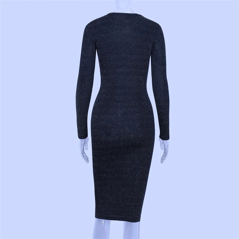 Shiny Long Sleeve High Waist Bodycon Midi Dress Party