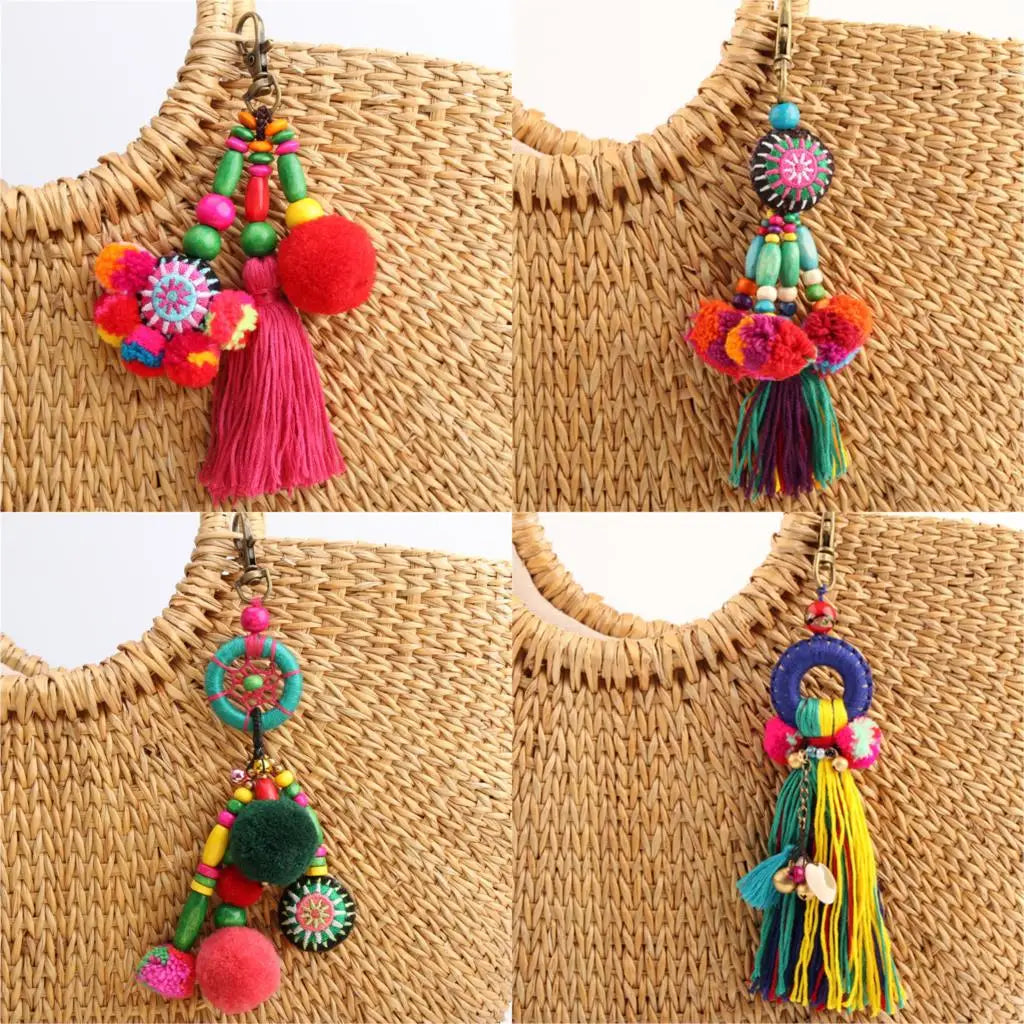 Colorful Flower Charms Keychain with Wooden Beads and Pompom Boho Jewelry