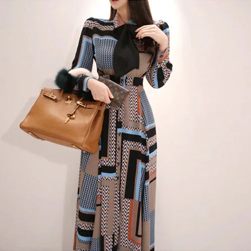 Vintage Print Long Shirt Dress For Women Ankle Length