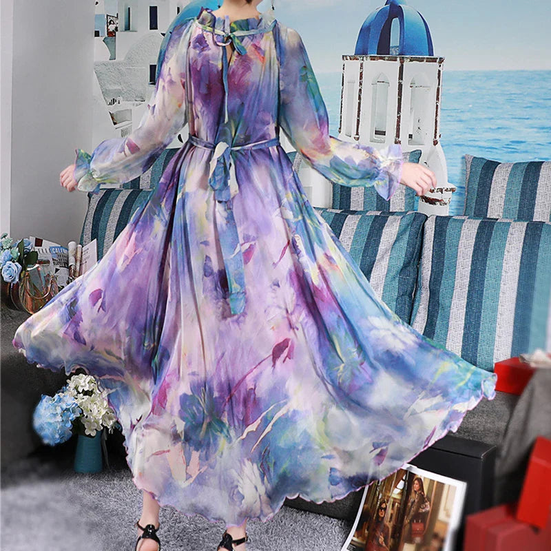 Plus Size Boho Maxi Dress Floral Chiffon Long Sleeve