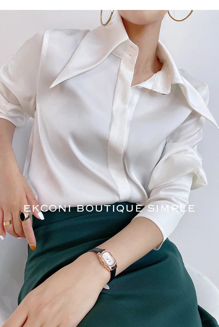 Elegant Turn Down Collar Satin Silk Blouse Vintage Button Closure White Lantern Sleeve Office Lady Shirt Chic Feminine Top