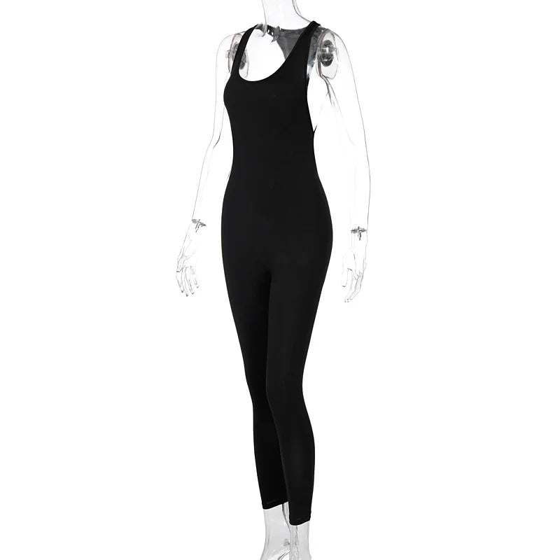 Sleeveless Hollow Out Solid Bodycon Jumpsuit Women Summer Fashion Streetwear Romper Sportswear