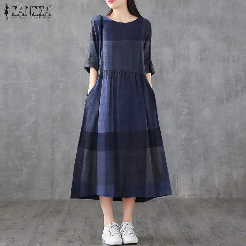 Cotton Linen Dress Plaid Midi With Side Pockets O Neck