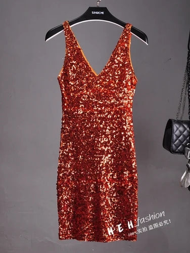 Sequin Dress Sleeveless Backless V Neck Party Nightclub