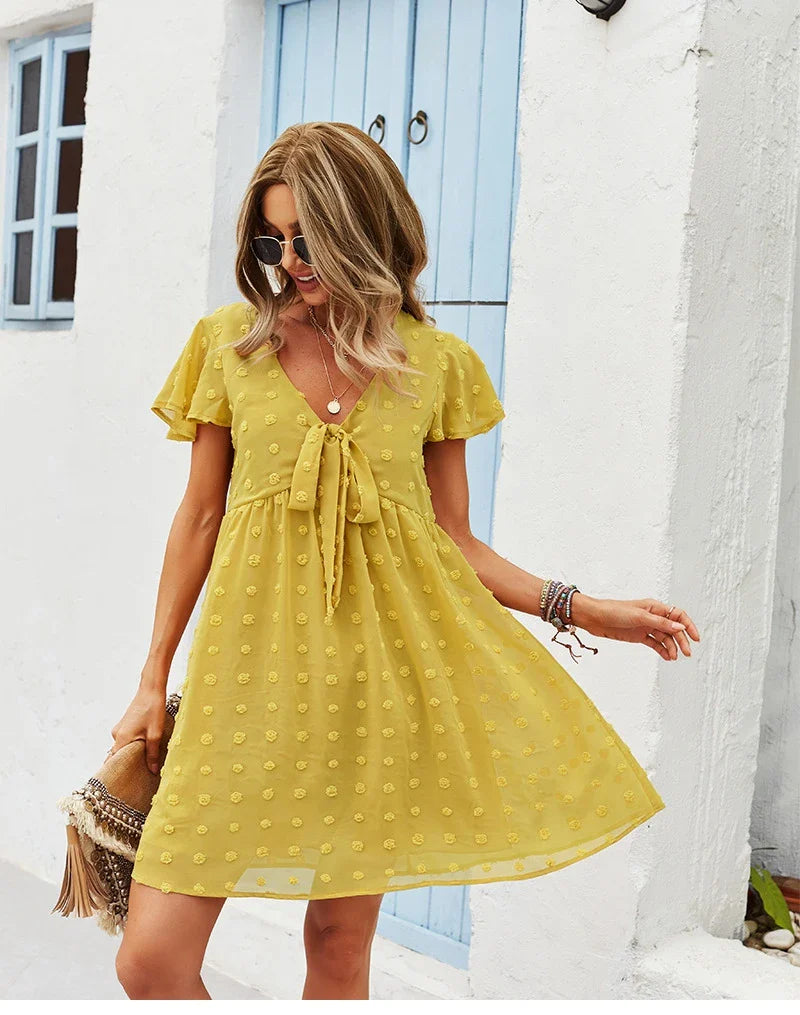 Bandage Dress For Women Solid High Waist Short Sleeve