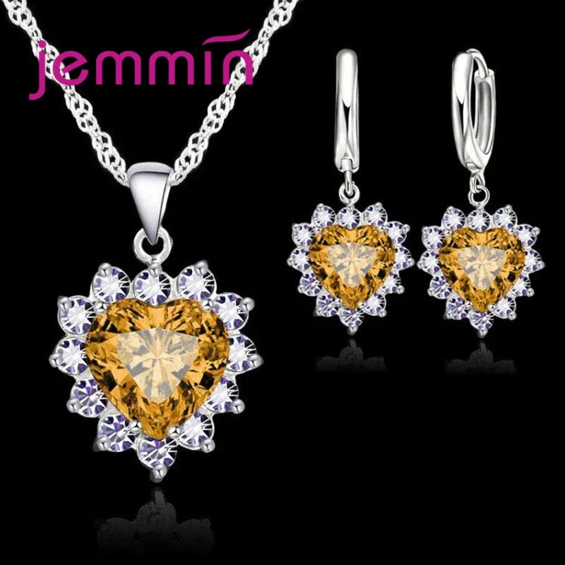 925 Sterling Silver Heart Pendant and Hoop Earrings Jewelry Set for Engagement and Anniversary Gifts
