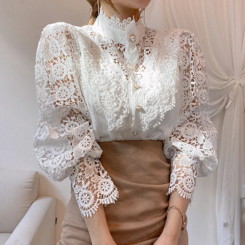 Elegant Hollow Out Long Sleeve Women Blouse with Petal Sleeves and Stand Collar, Stylish Office Shirt for Autumn Fashion