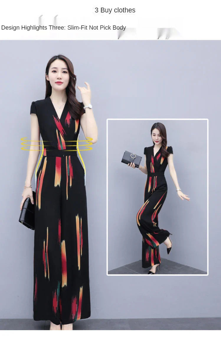 Women's Elegant V-Neck Bodysuit Jumpsuit with High Waist Wide Leg Pants Casual Printed Playsuit Romper