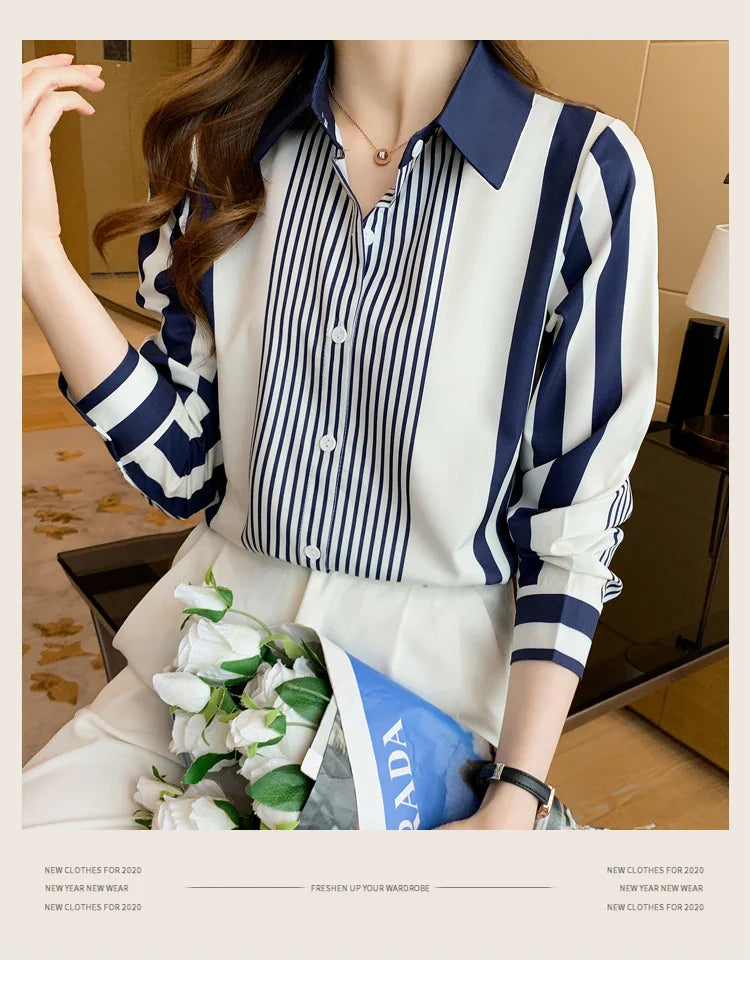 Women's Blue Striped Long Sleeve Shirt Button Up Polo Neck Blouse Casual Leisure Top