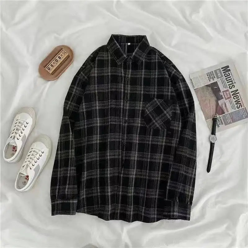 Vintage Plaid Oversize Button Up Shirt for Women Long Sleeve Casual Fall Outwear Top Blusas Mujer
