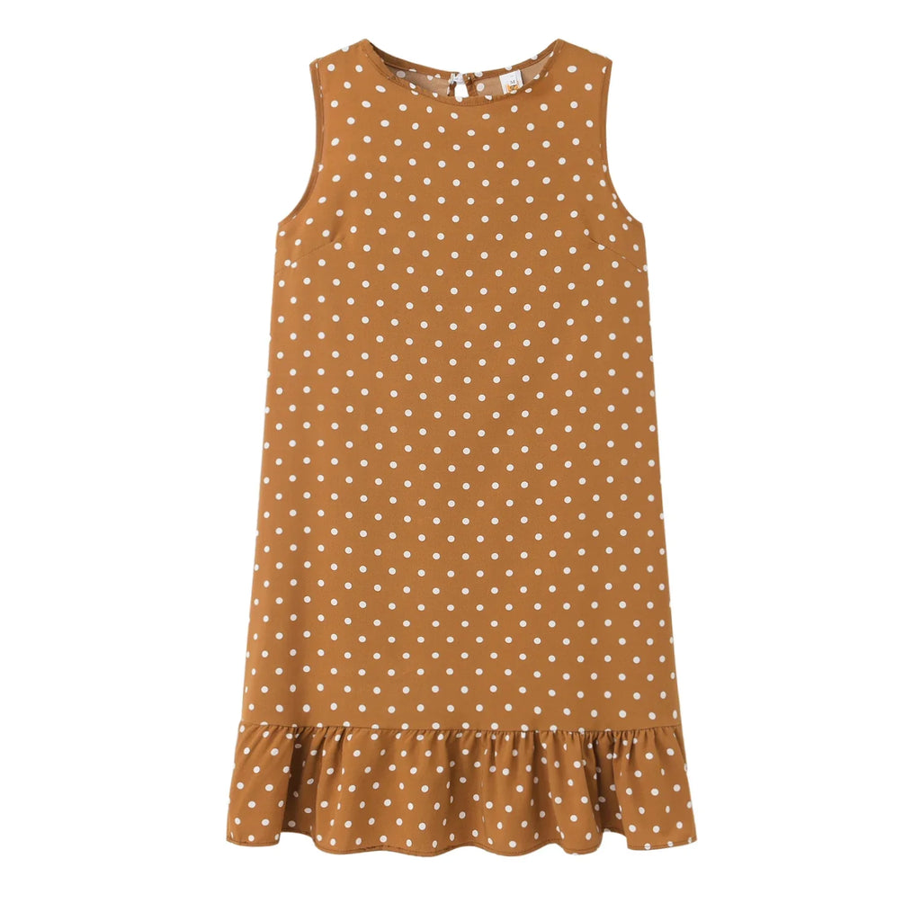 Polka Dot Dress Ruffled Sleeveless Women Round Neck
