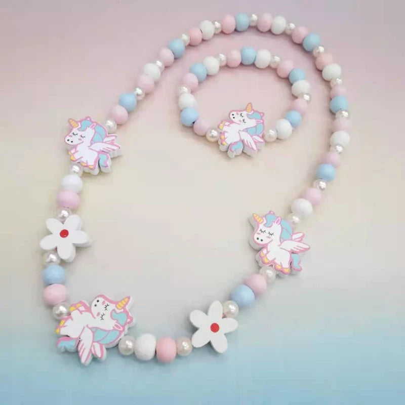 Colorful Cartoon Unicorn Wooden Jewelry Set for Kids Necklace and Bracelet Gifts