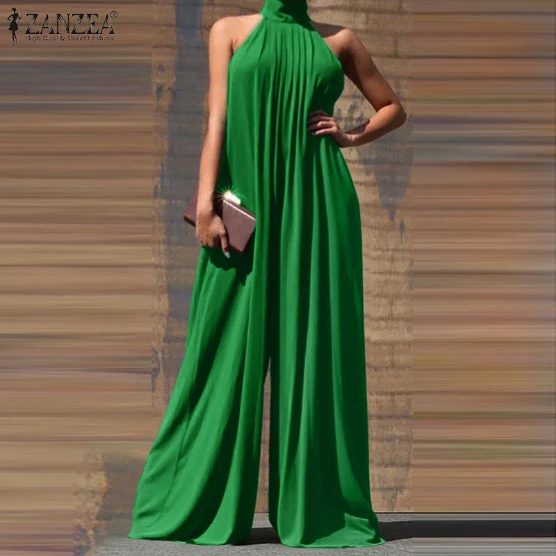 Elegant Sleeveless Wide Leg Jumpsuit for Women Party Casual Holiday Maxi Romper with Stand Collar and Back Button Closure