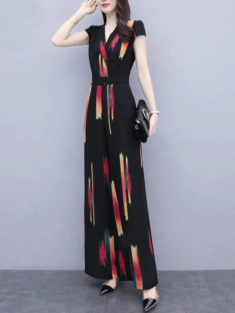 Women's Elegant V-Neck Bodysuit Jumpsuit with High Waist Wide Leg Pants Casual Printed Playsuit Romper
