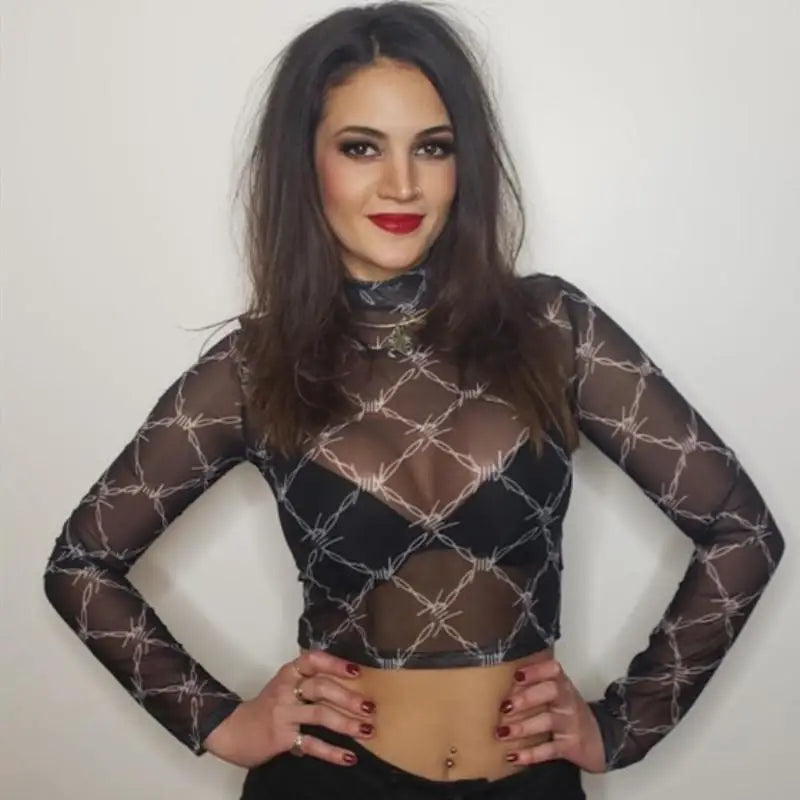 Sexy Long Sleeve Mesh Crop Top with Chain Print for Women - Vintage Fishnet Streetwear Tee Shirt