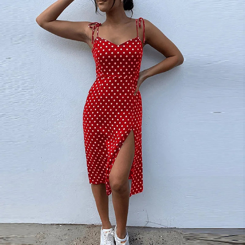 Polka Dot Sleeveless Sundress With Elastic Waist V Neck