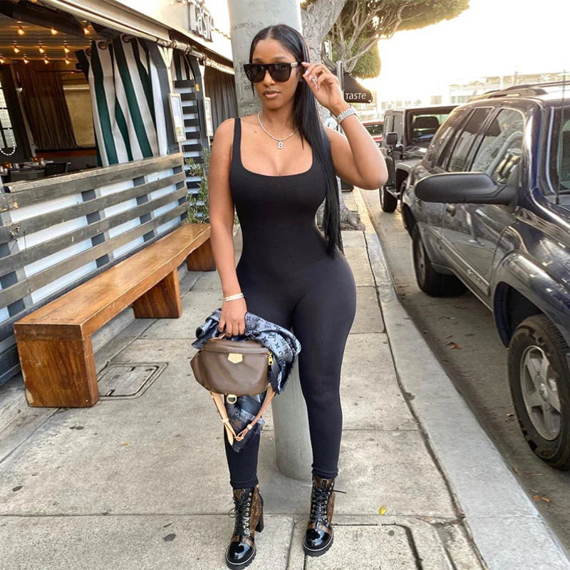 Sleeveless Hollow Out Solid Bodycon Jumpsuit Women Summer Fashion Streetwear Romper Sportswear