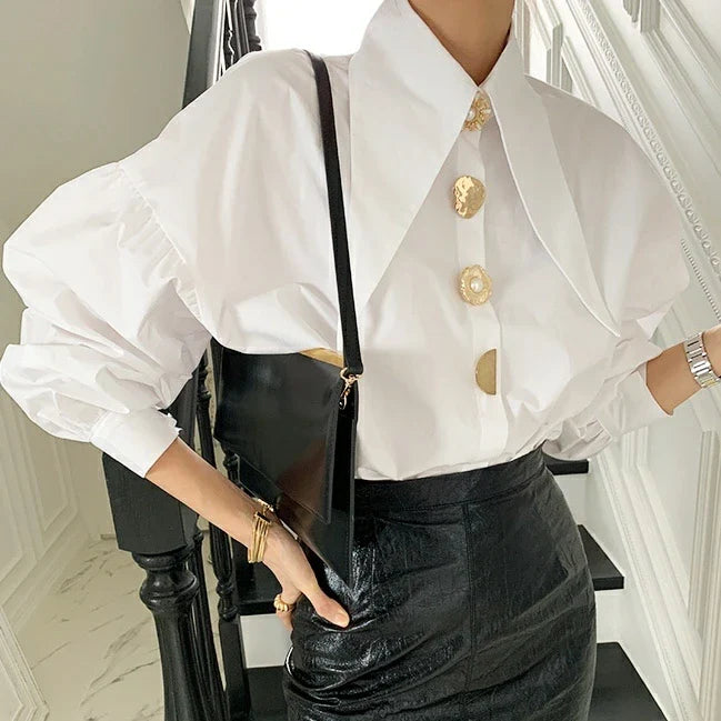 Spring Lapel Turn Down Collar Lantern Sleeve Casual Blouse Elegant Retro Loose Fit All-Match Women's Shirt