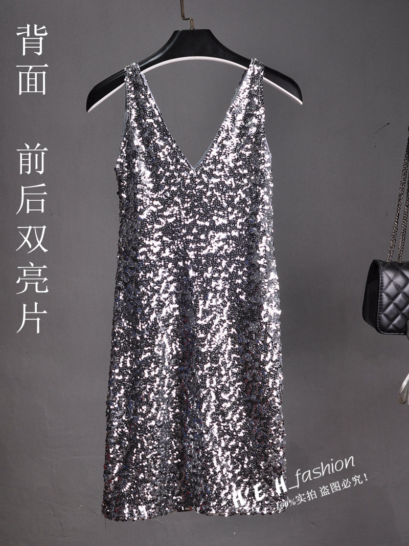 Sequin Dress Sleeveless Backless V Neck Party Nightclub