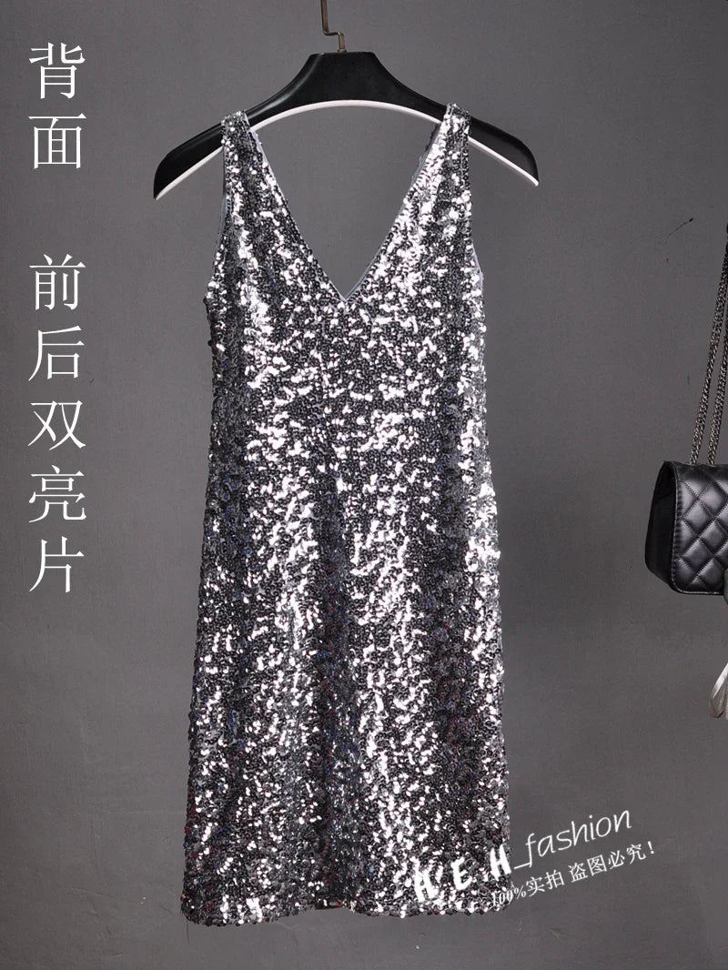 Sequin Dress Sleeveless Backless V Neck Party Nightclub