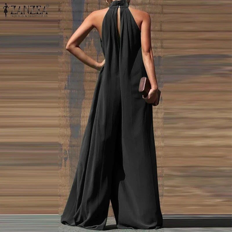Elegant Sleeveless Wide Leg Jumpsuit for Women Party Casual Holiday Maxi Romper with Stand Collar and Back Button Closure