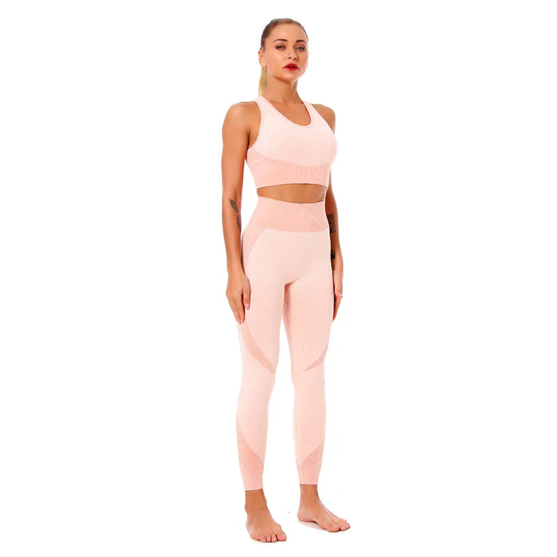 Seamless Women Yoga Suit with High Waist Leggings and Long Sleeve Crop Top Fitness Set