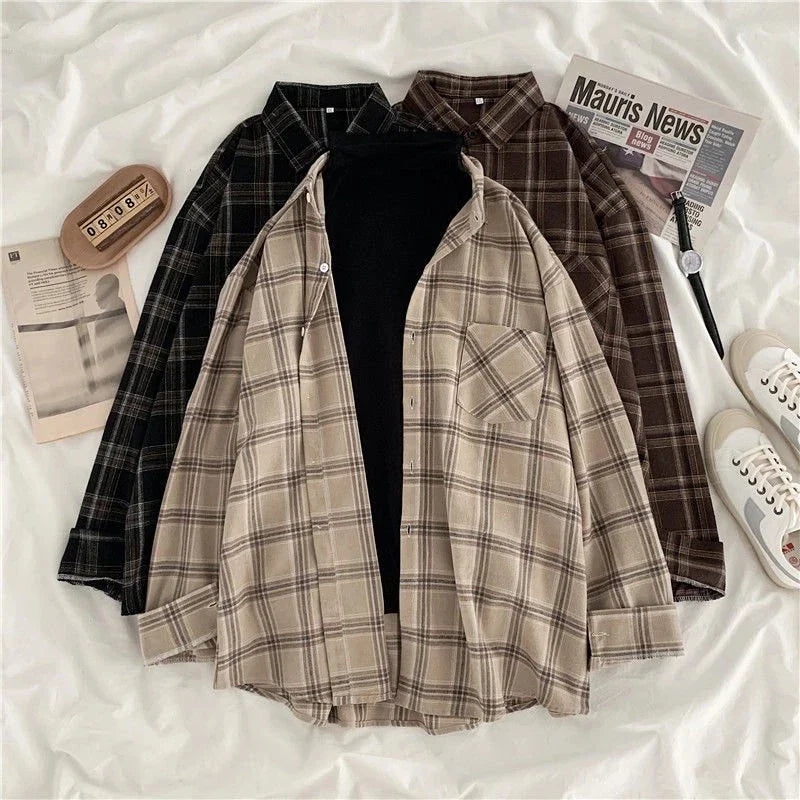 Vintage Plaid Oversize Button Up Shirt for Women Long Sleeve Casual Fall Outwear Top Blusas Mujer