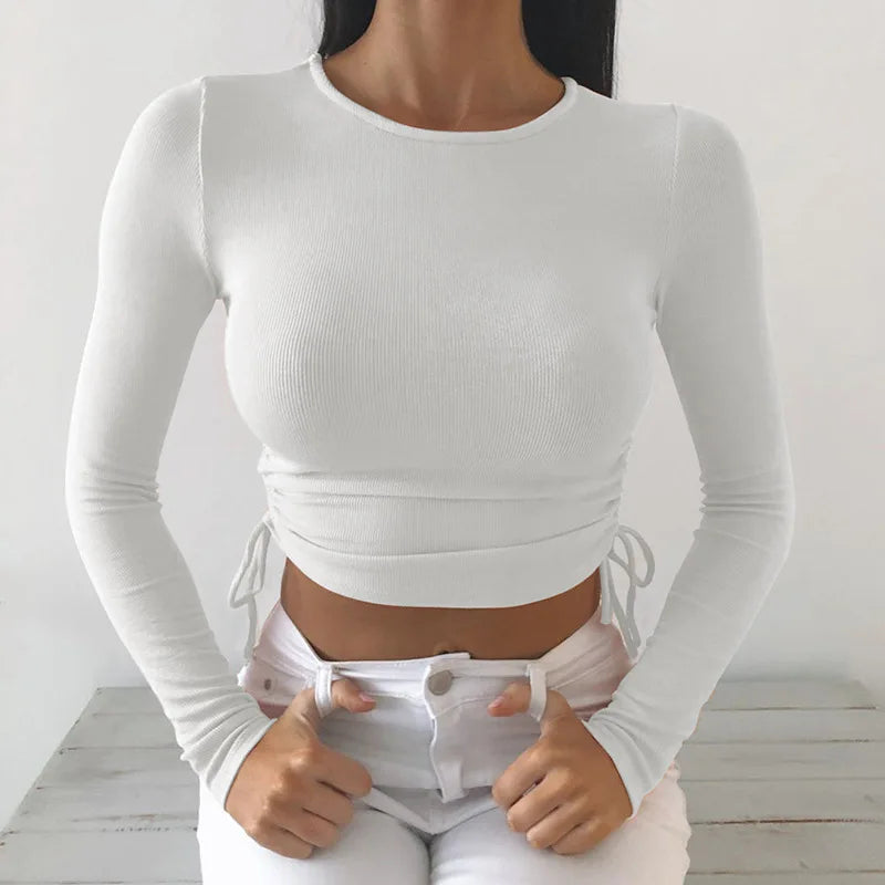 Sexy O-Neck Long Sleeve Bodycon Cropped Top with Irregular Drawstring Bandage Design for Women