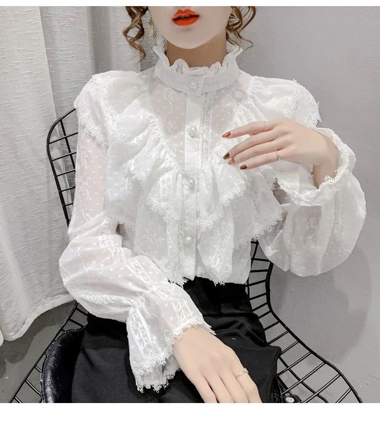 Elegant Women Long Sleeve Loose Button Shirt with Stand Collar Pleated Design Ruffle Lace Blouse Casual Spring Fashion Top