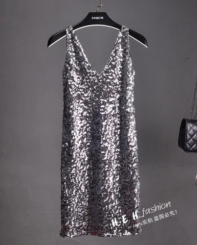 Sequin Dress Sleeveless Backless V Neck Party Nightclub
