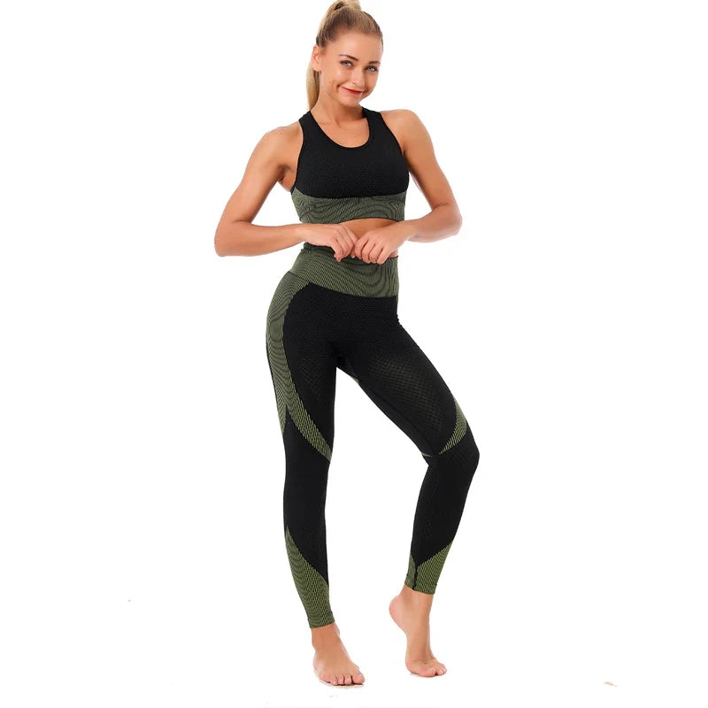 Seamless Women Yoga Suit with High Waist Leggings and Long Sleeve Crop Top Fitness Set