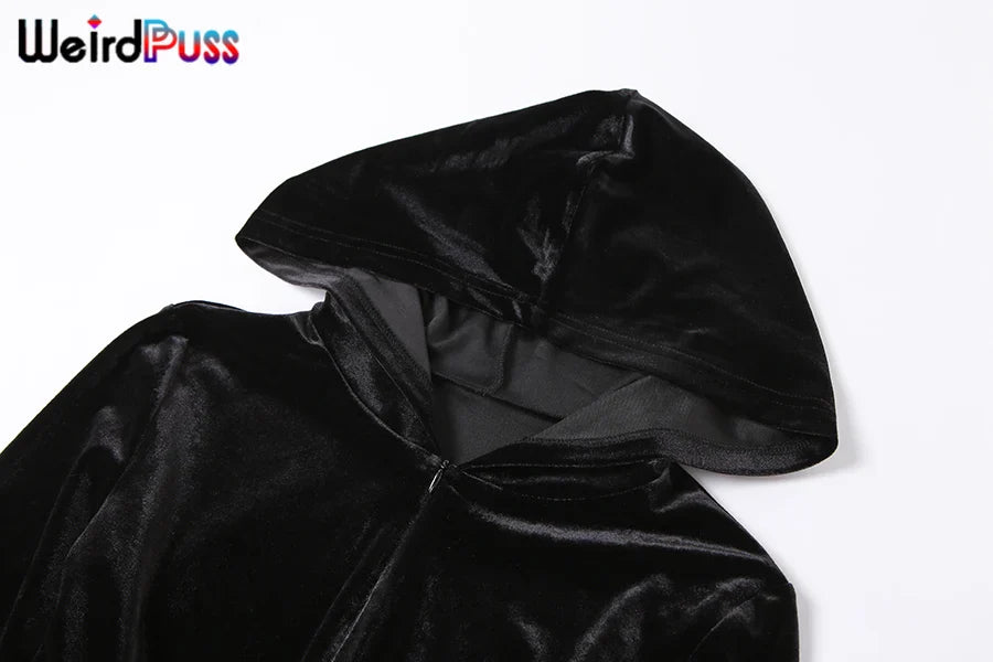 Weird Puss Velvet Zipper Hoodie Jumpsuit for Women Long Sleeve Skinny Stretchy Fitness Activewear Autumn Trend Hot Street Outfit