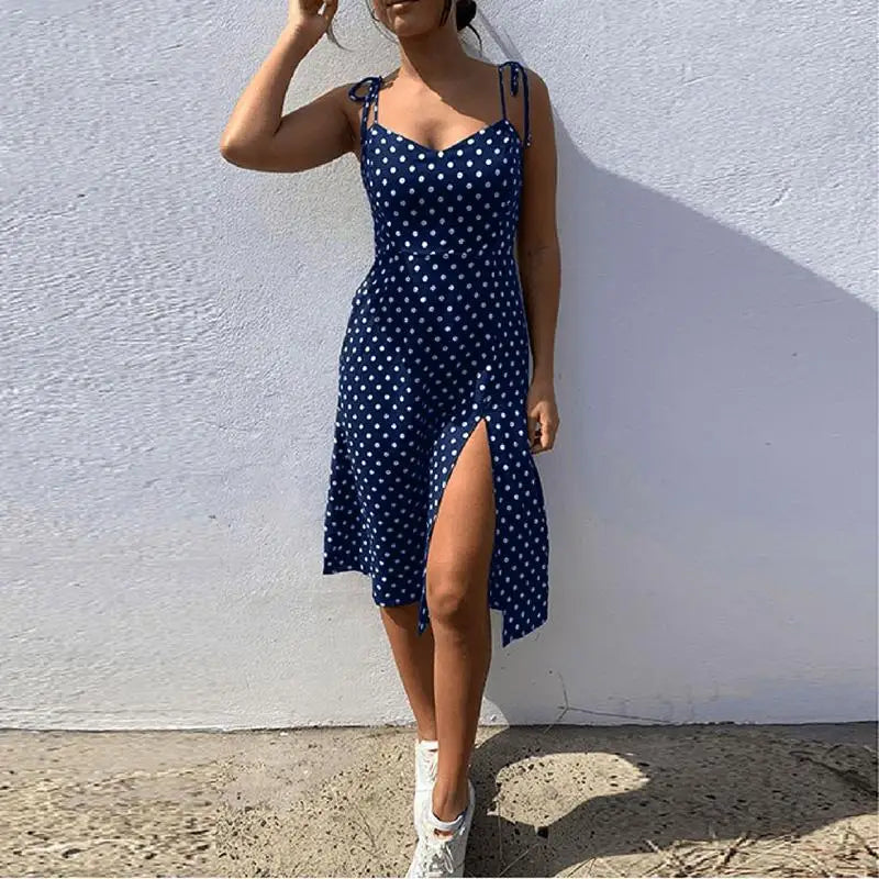 Polka Dot Sleeveless Sundress With Elastic Waist V Neck