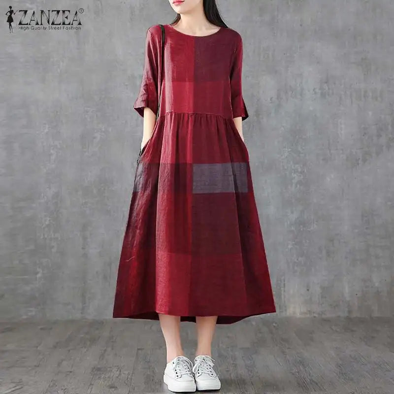 Cotton Linen Dress Plaid Midi With Side Pockets O Neck