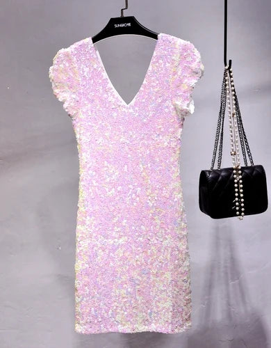V Neck Sequin Stage Dress For Performance Glittering Look