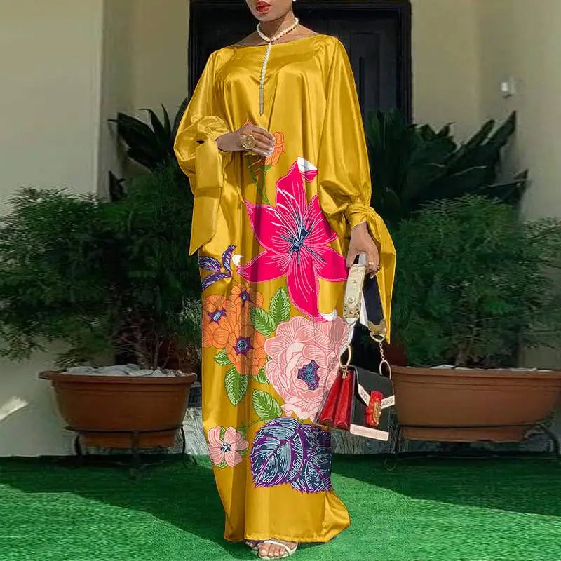 Floral Bohemian Maxi Dress Satin Silk Look Elegant Summer