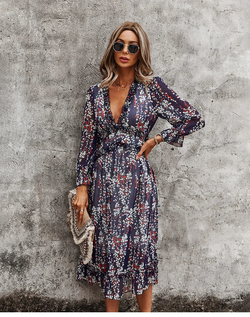 Floral Chiffon Maxi Dress With V Neck And Butterfly Sleeves