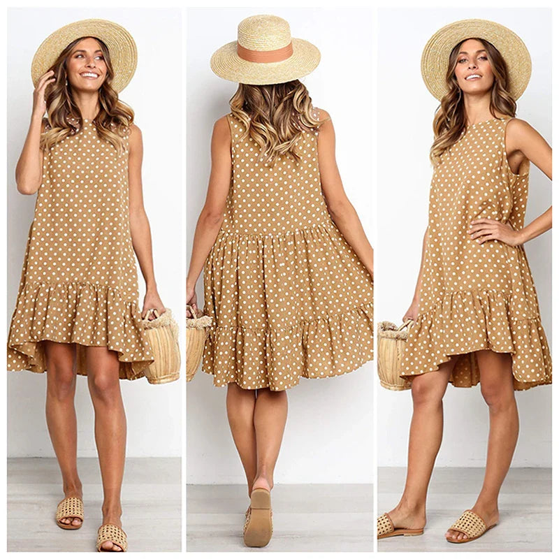 Polka Dot Dress Ruffled Sleeveless Women Round Neck