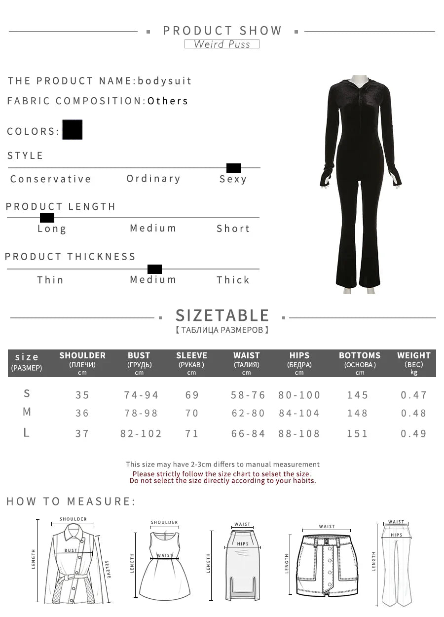 Weird Puss Velvet Zipper Hoodie Jumpsuit for Women Long Sleeve Skinny Stretchy Fitness Activewear Autumn Trend Hot Street Outfit
