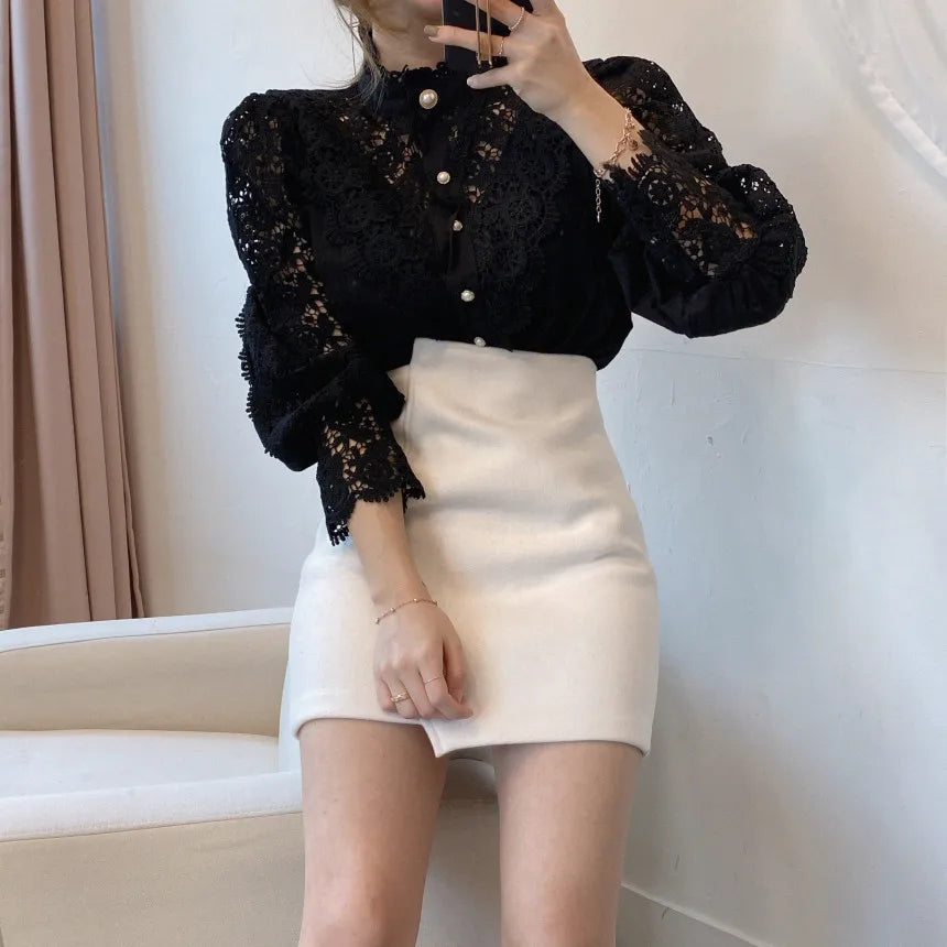Elegant Hollow Out Long Sleeve Women Blouse with Petal Sleeves and Stand Collar, Stylish Office Shirt for Autumn Fashion