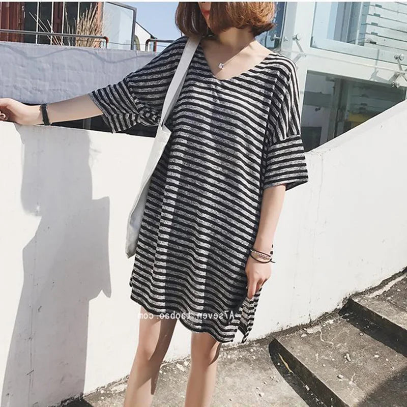 Summer Women's Striped T-Shirt Dress Loose Fit Short Sleeve Casual Tee for Home Wear