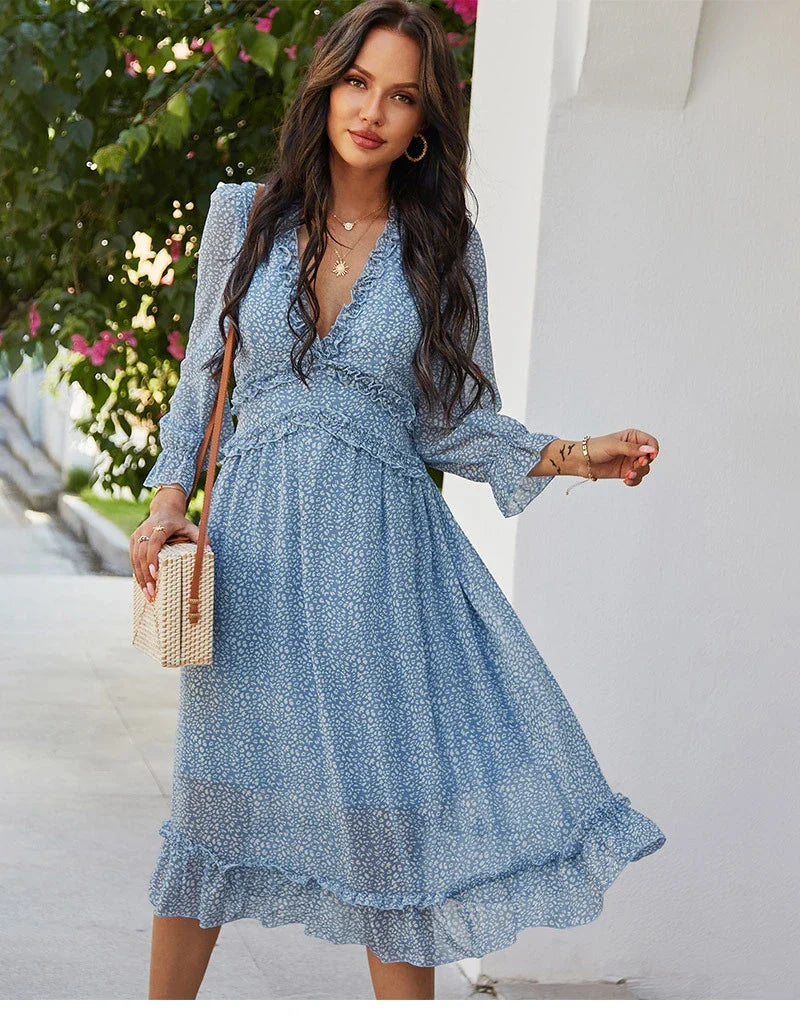 Floral Chiffon Maxi Dress With V Neck And Butterfly Sleeves
