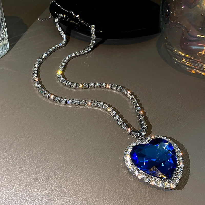 Big Crystal Heart Pendant Necklace for Women with Full Rhinestone Titanic Heart Design in Blue Love Forever Jewelry