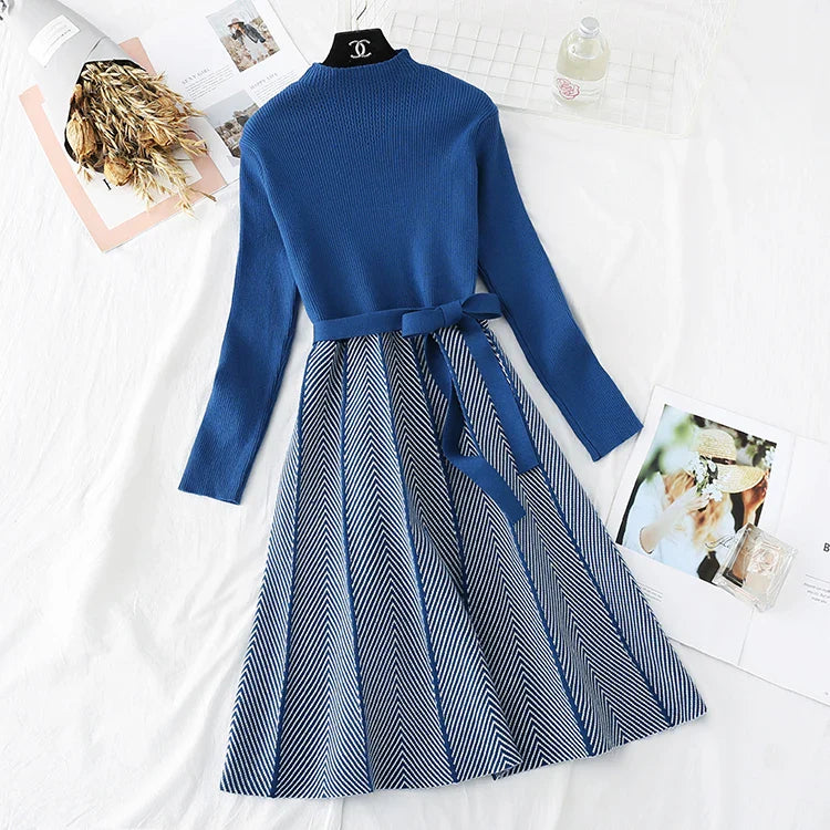 Knit Turtleneck A Line Dress With Long Sleeve Stripe Print